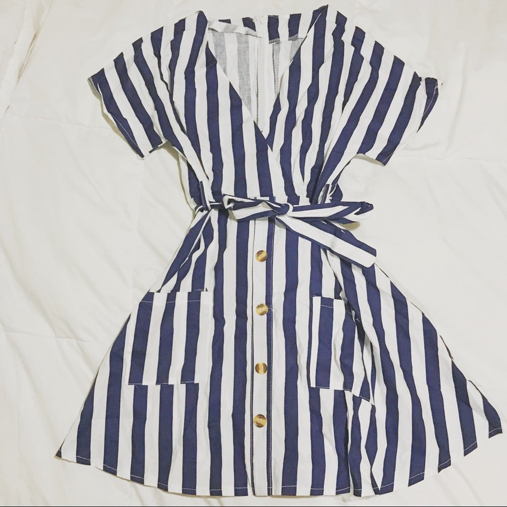 Navy blue and white striped mini dress